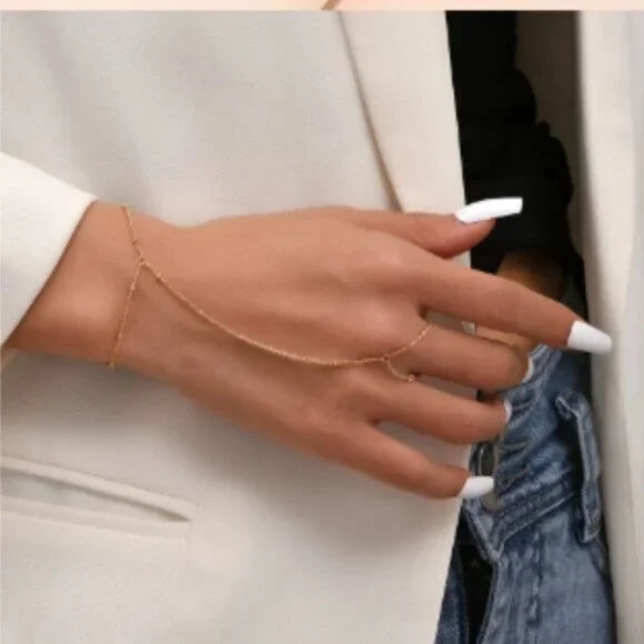 Tiny Chain Bracelet Finger Rings Gold Color Link Chains Connecting Hand Harness - Picture 1 of 4